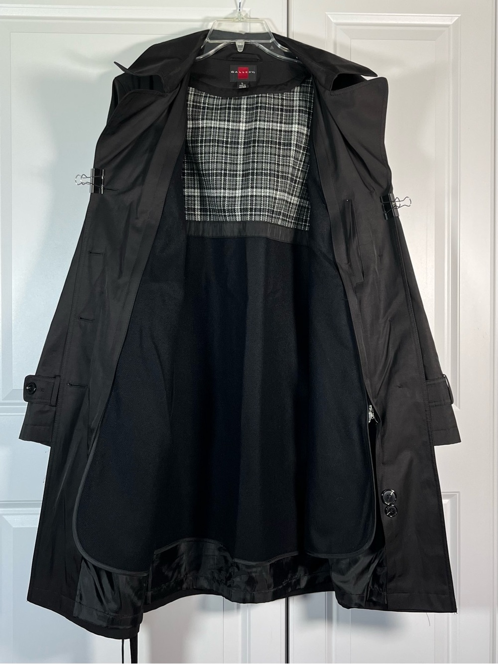 Gallery Trench Coat Size L Black Hooded Belted Removable Hood & Lining - Picture 4 of 13